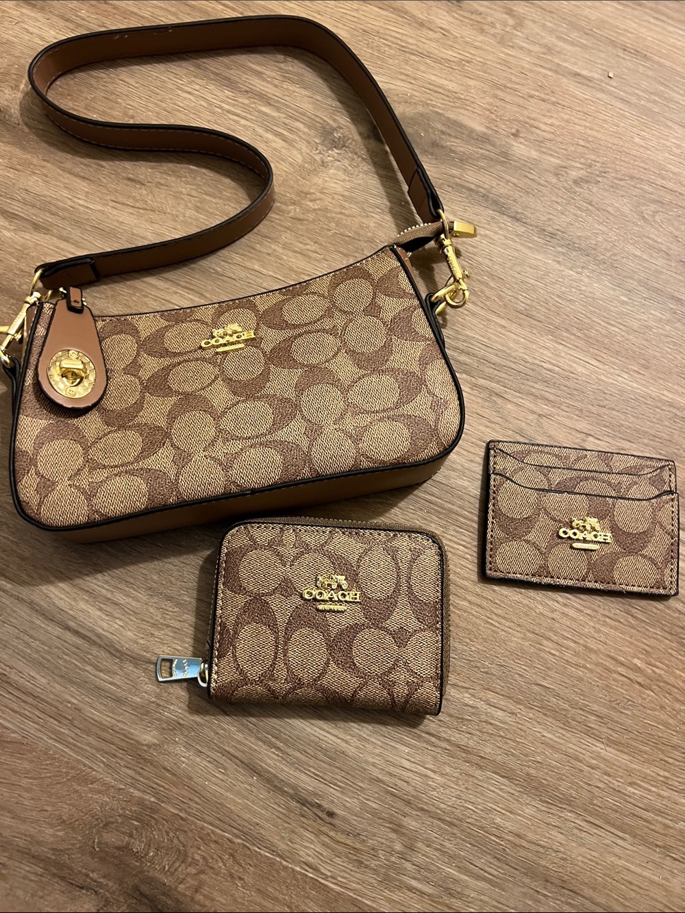 Coach Brown/Tan Signature Canvas Crossbody with Wallet & Card Case